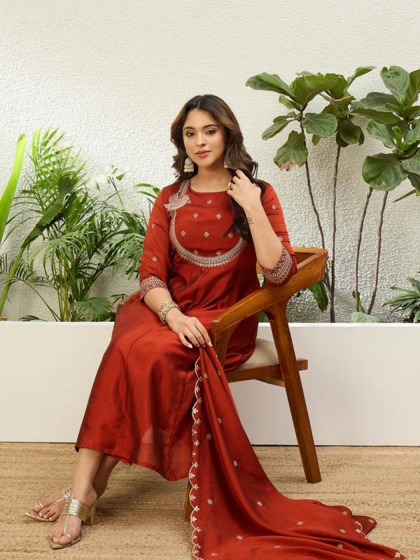 VP 9876 R Women's Rust Red Embroidered Neckline Anarkali Kurta Set